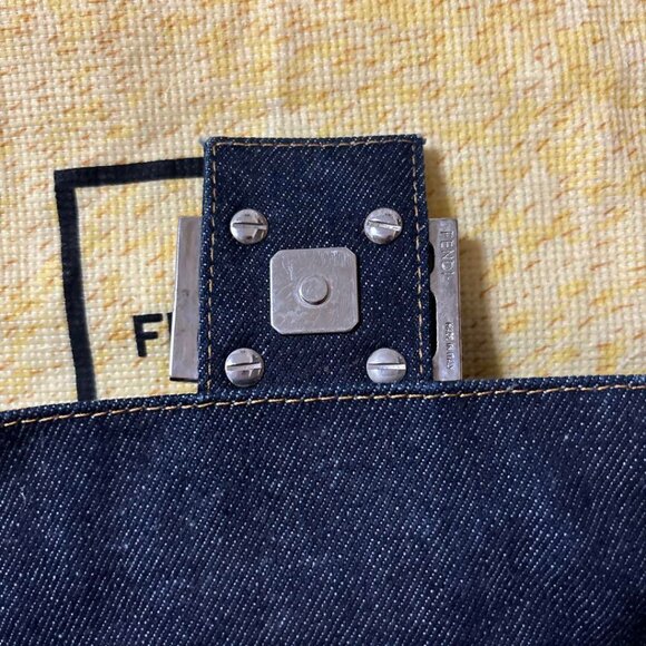 Authentic FENDI FF Denim Ricami Beaded Baguette Floral Blue Abstract Flap Purse - Picture 11 of 14